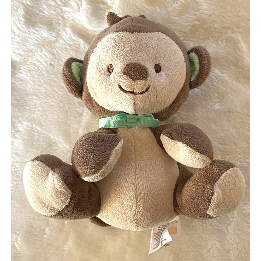 Fisher Price Plush Brown Monkey Green Bow 2013 Snugamonkey 6" Stuffed Animal